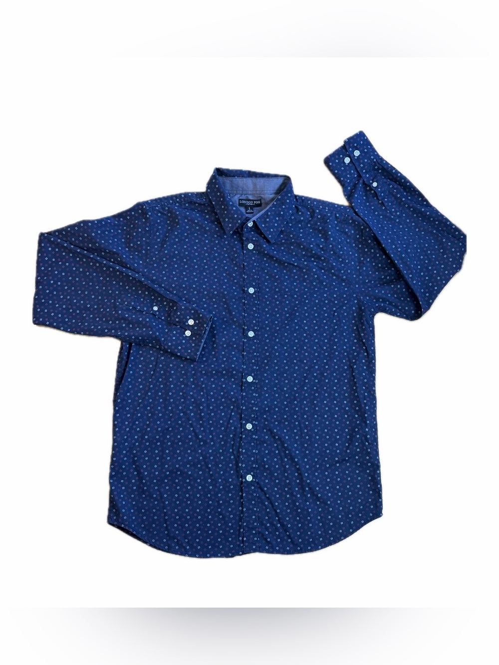 London Fog Navy Blue and White Dotted Collared Button Down Dress Shirt Large